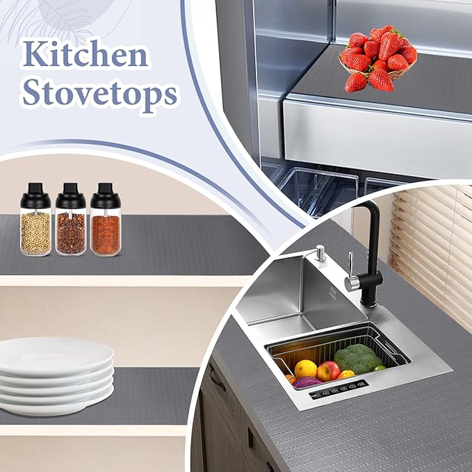 Drawer and Shelf Liner for Kitchen Cabinet: 17 in X 30 Ft Non Slip Waterproof Shelf Paper Non Adhesive Refrigerator Liners Gray Easy Liners for Bathroom Cupboard with Knife Tape Measure