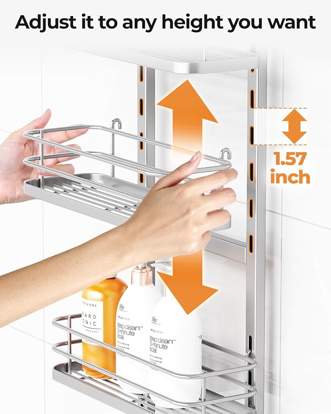 ODesign 4 Tier Height-Adjustable Shower Caddy Hanging Anti-Swing-Over The Shower Head Caddy- Storage Organizer Bathroom Shelves Basket Caddies-Silver