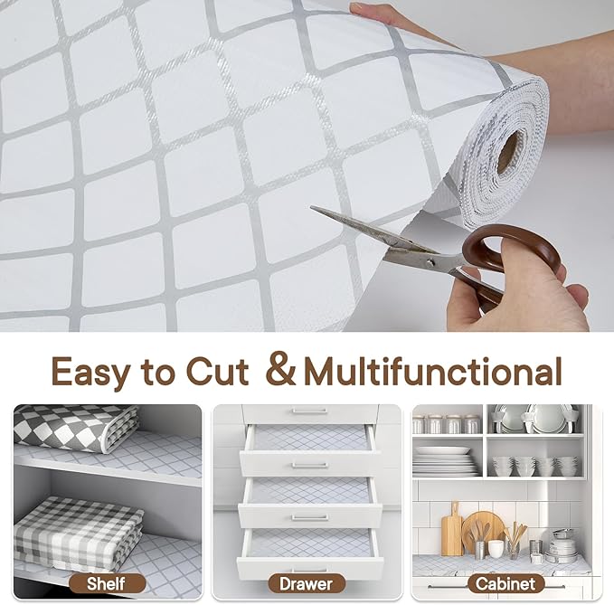 Shelf and Drawer Liner for Kitchen Cabinets Non-Adhesive, Strong Grip Non-Slip Thickened Cabinet Liners for Shelves, Waterproof Mats for Dresser Cupboard, Silver Stripe, 17 in x 20 Feet