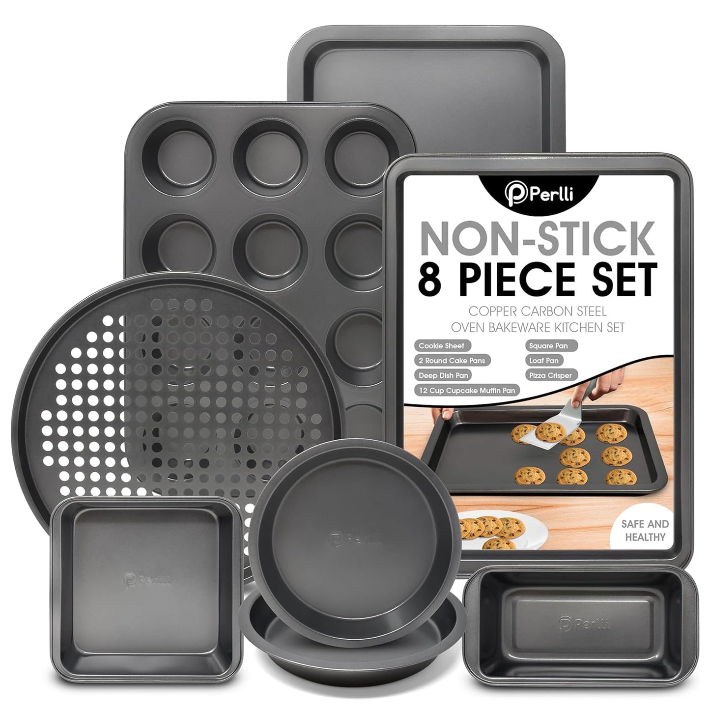 PERLLI Non-Stick 10-Piece Bakeware Set – Carbon Steel with Even Heat Distribution, Oven Safe to 446°F, BPA-Free, Dishwasher Safe, Stackable Baking Tools for Easy Storage and Everyday Cooking - Gray