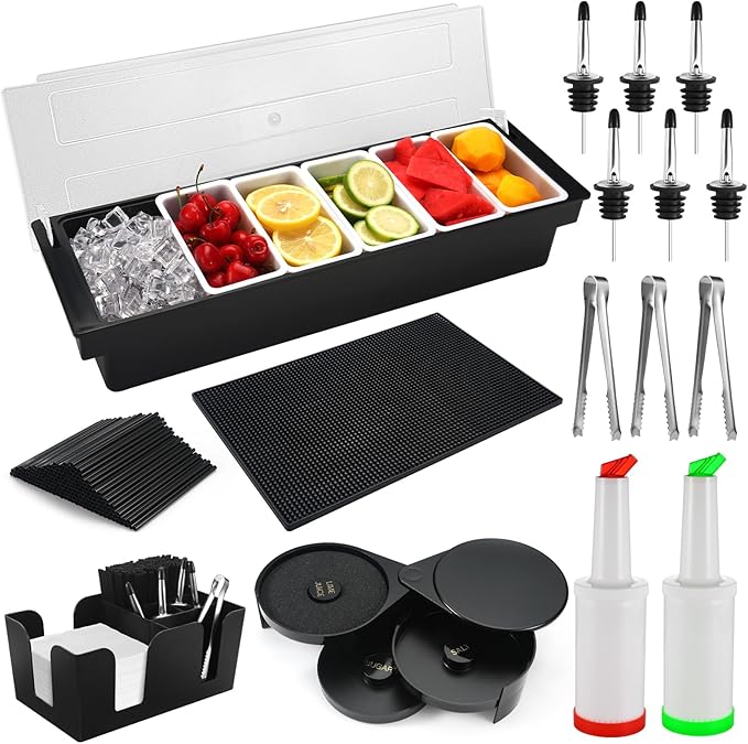 Bartending Supplies - 18" x 12" Bar Mat Garnish Tray with Lid Bar Caddy 3 Tier Bar Glass Rimmer, 2 Plastic Juice Pour Bottles 3 Mini Tongs 12 Classic Liquor Bottle Pourers 500 Cocktail Straws(Clear)