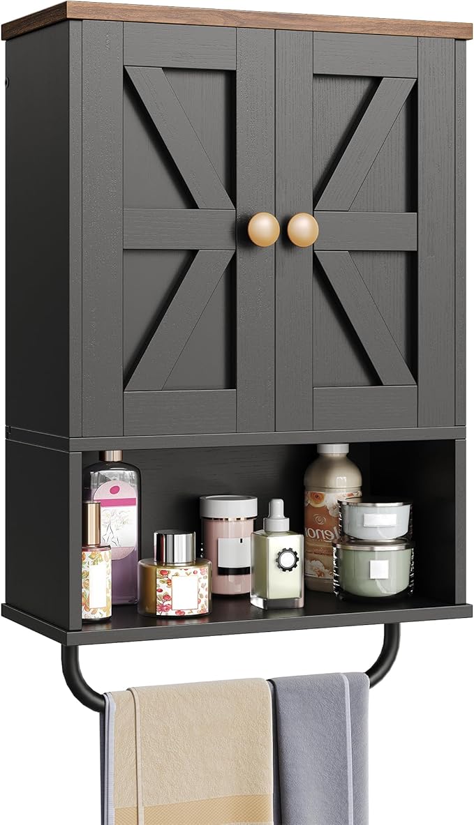 Bathroom Wall Cabinet, Medicine Cabinet with Open Partition and Towel Bar, Rustic Storage Cabinet with Open and Hidden Storage Space, for Bathroom, Living Room, Kitchen, Black and Walnut
