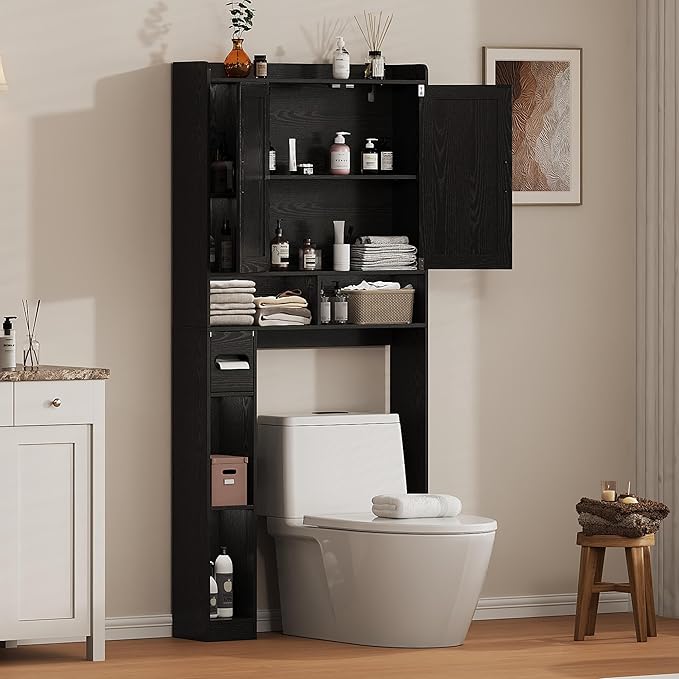 Over The Toilet Storage Cabinet, 31.1”W Bathroom Organizer with Double Doors, Above Toilet Rack, Detachable Toilet Paper Holder for Bathroom & Laundry Room Black