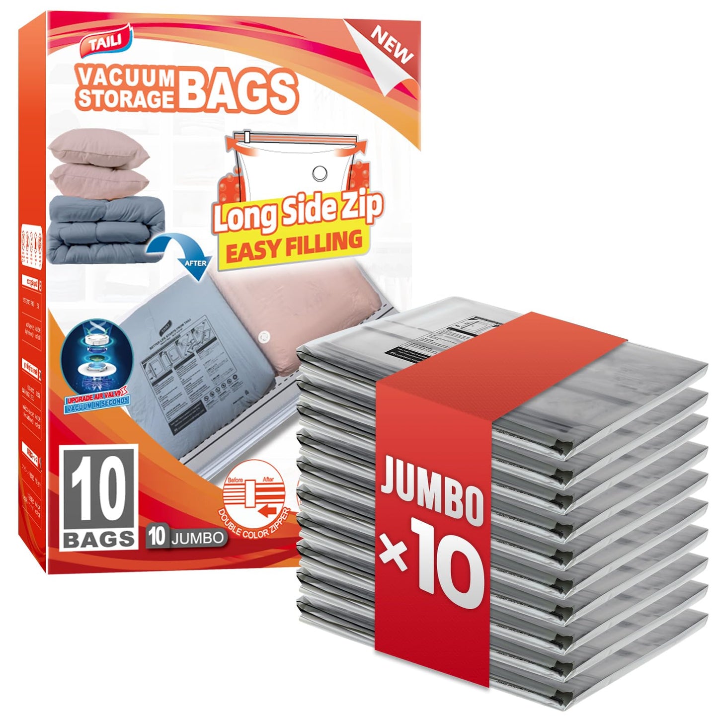 TAILI 8 Pack Vacuum Storage Bags, 2 Size Combo(4 Large+4 Jumbo), Clear