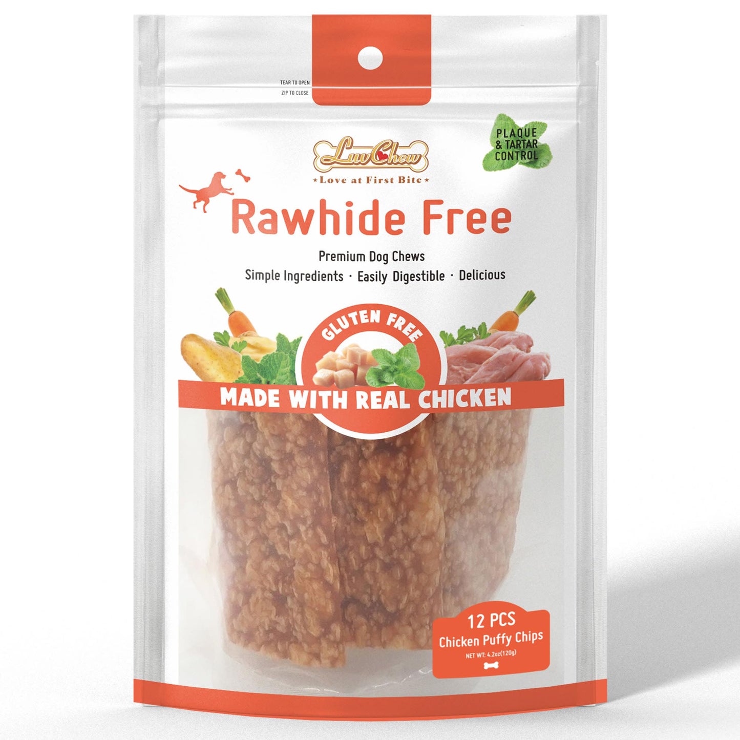 LuvChew Chicken Dog Chew Twist Sticks, Puffed Human Grade Chicken Dog Treat Sticks, Rawhide Alternative, Easy to Digest 20pcs/Pack