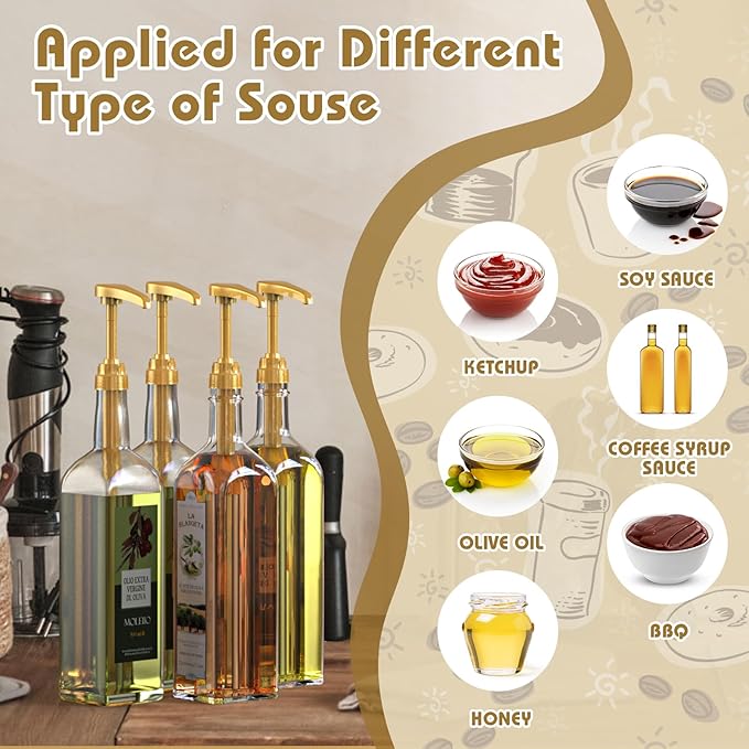 Coffee Syrup Pump Dispenser, 4 Packs of Syrup Pump for 750ml/25.4 oz Syrup Bottle, Gold Pumps for Coffee Syrup Bottle, works with Torani, DaVinci, Jordans Skinny 750ml Syrups Bottles (Gold)