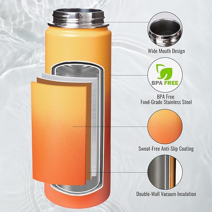 24 oz Insulated Water Bottle with Handle, 304 Stainless Steel Water Bottles with Wide Mouth, Double Wall Vacuum Sports Water Bottle, BPA Free, Keep Cold and Hot, Yellow&Orange