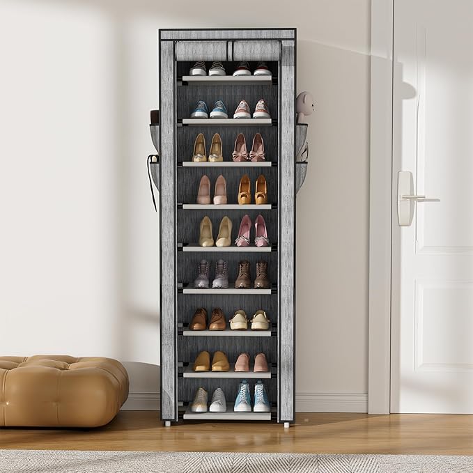 Shoe Rack with Cover Narrow Shoe Rack Organizer with 4 Side Pockets 10 Tier Tall Shoe Storage Shoe Shelf Holds 18-22 Pairs Shoes and Boots Shoe Rack for Closet, Printing