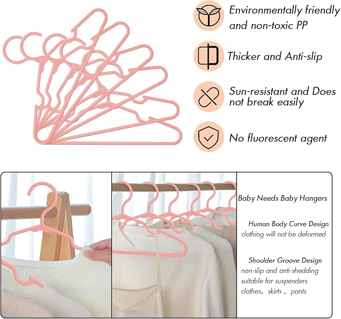 60 Pack Pink Kids Hangers 11.6 Inch - Baby Clothes Hangers for Toddler & Child, Durable Plastic Children's Hangers for Closet, Pants, Coats, Skirts (Non-Slip, Space-Saving)