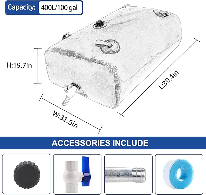 400 L/100 Gal Water Bladder Tank, Foldable Portable Water Storage Container, Emergency Water Bag for RV, Truck Bed, Fire Prevention, Drought Resistance, Blue