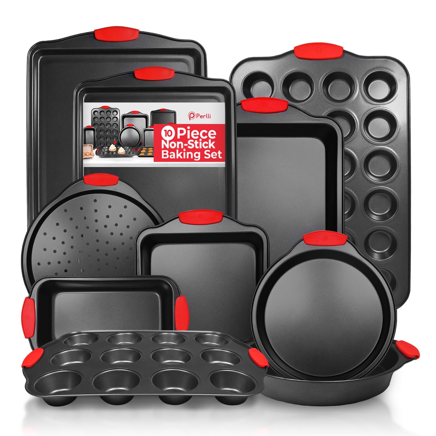 PERLLI Non-Stick 8-Piece Baking Pan Set, BPA-Free Carbon Steel Bakeware Set with Silicone Handles, Stackable Kitchen Oven Set, Cookie Sheet, Baking Tray, Baking Sheet Set, Oven Safe (446°F)
