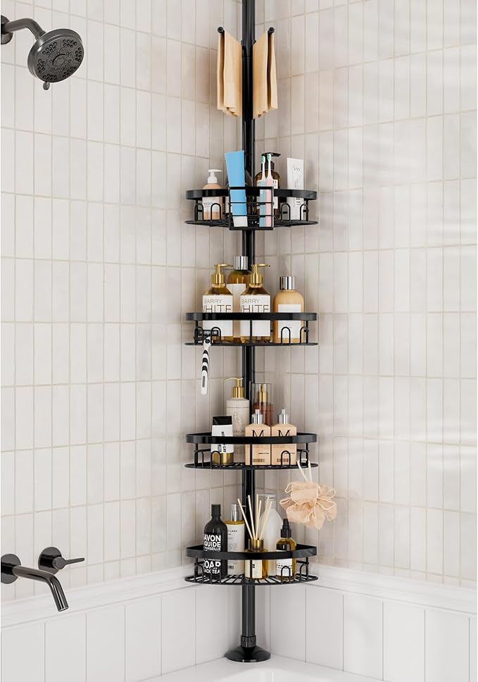 Rustproof Corner Shower Caddy Tension Pole, 4 Large Baskets for Bathtub Shampoo Storage Organizer Bathroom Height Adjustable Shelves from 23.6 to 114.5 Inch with Towel Bar