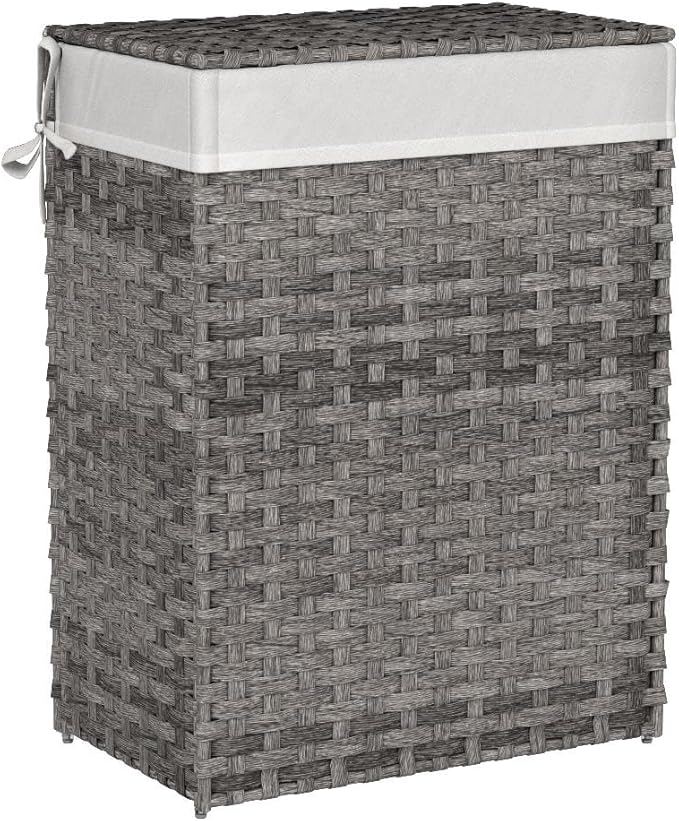 SONGMICS Laundry Hamper with Lid, 23.8 Gallon (90 L) Synthetic Rattan Clothes Laundry Basket with Lid and Handles, Foldable, Removable Liner, Dove Gray ULCB51WG