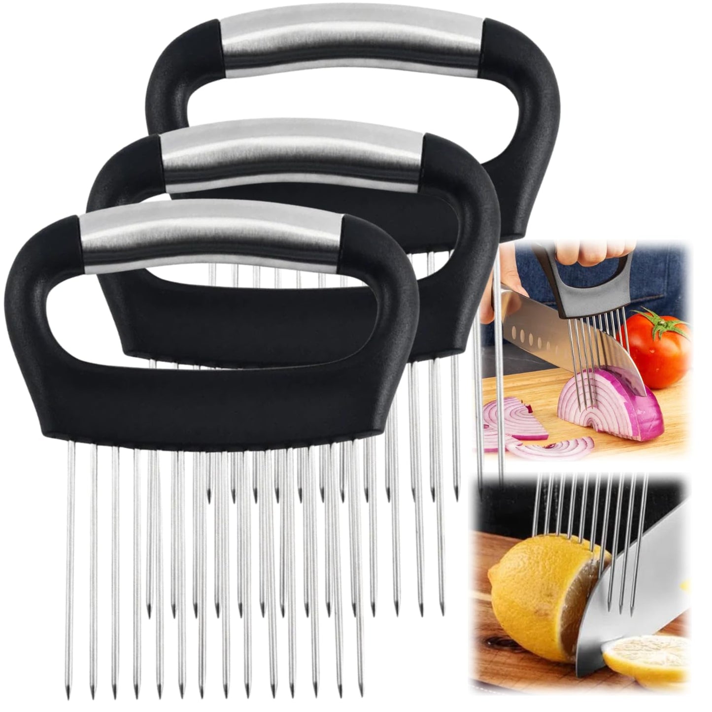 Ultra Onion Slice Holder - Stainless Steel Holder for Slicing Meat, Onion, Potato, Tomato - 3 Pack