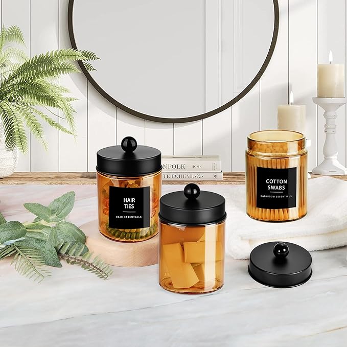 3 Pack Apothecary Jar Canisters Bathroom Vanity Organizer - Qtip Holder Storage Organizer Set Countertop Canister with Stainless Steel Lids &Cute Stickers for Qtips,Cotton Swabs,Makeup Sponges,Floss