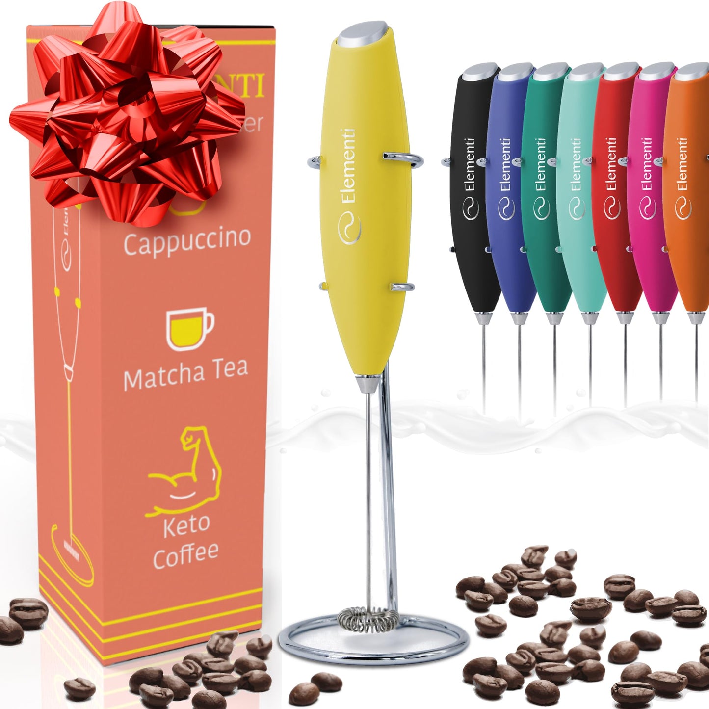 Elementi Portable Milk Frother & Stand – Compact Mixer for Powdered Drinks and Coffee, Electric Whisk Hand Blender, Specialty Kitchen Appliance (Pumpkin Orange)