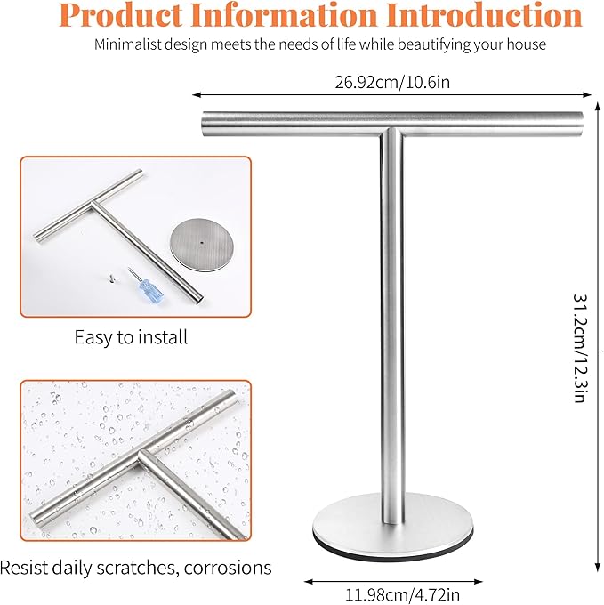 Bathroom Hand Towel Holder Stand，T-Shape Hand Towel Holder Stand SUS304 Stainless Steel for Bathroom，Kitchen or Vanity Countertop(2Pack)