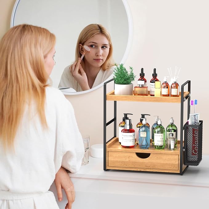 LEMIKKLE 2-Tier Bathroom Organizer with Drawers and Baskets, Multi-Purpose Makeup Organizer Countertop, Large Skincare Organizers, Exquisite Vanity Organizer,Wood