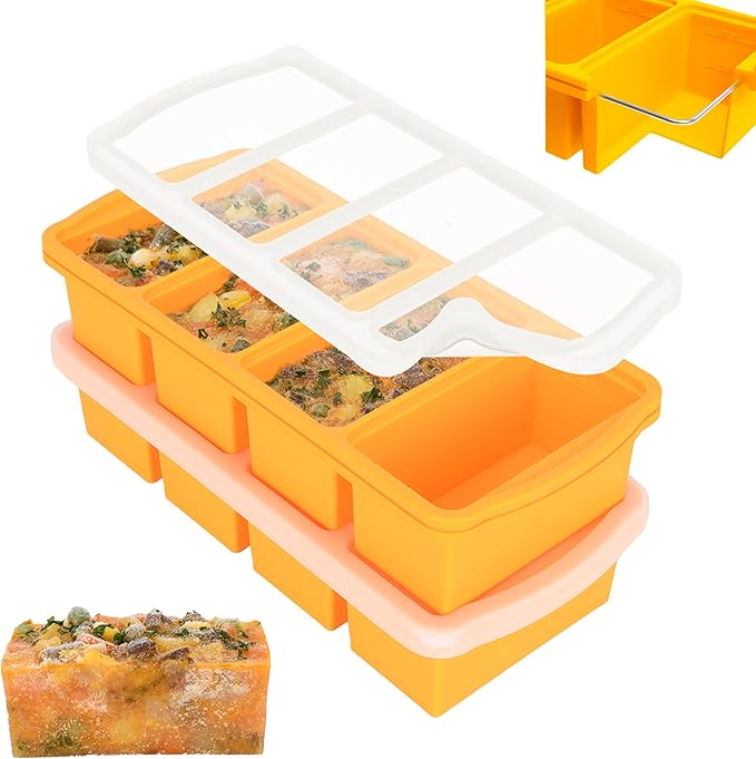 ZIP STANDING Silicone Freezer Trays with Lid,2-cup Soup Freezer Container large Ice Cube Molds with Reinforced Steel Ring Top for freezing Soup Sauce Broth Leftovers oven Dishwasher -Safe (yellow)