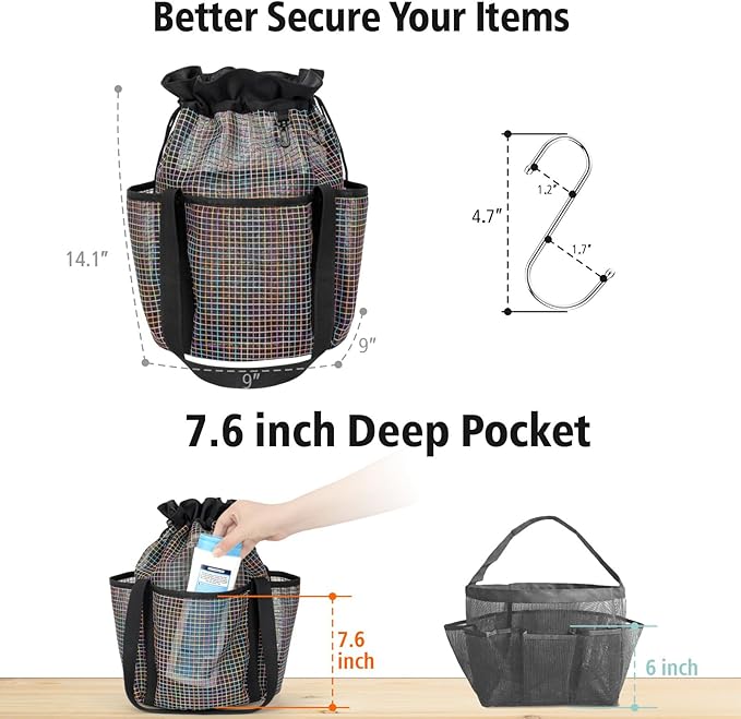 F-color Mesh Shower Caddy Portable with Drawstring - Tall 5 Pockets Dorm Room Essentials for Guys Girls with S Hook, Shower Bag Basket Tote for College Camping Travel Toiletry Bathroom, Black Grid