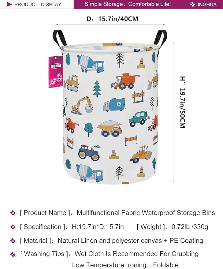 Laundry Hamper Large Canvas Fabric Lightweight Storage Basket/Toy Organizer/Dirty Clothes Collapsible Waterproof for College Dorms, Boys and Girls Bedroom,Bathroom(Vehicles)
