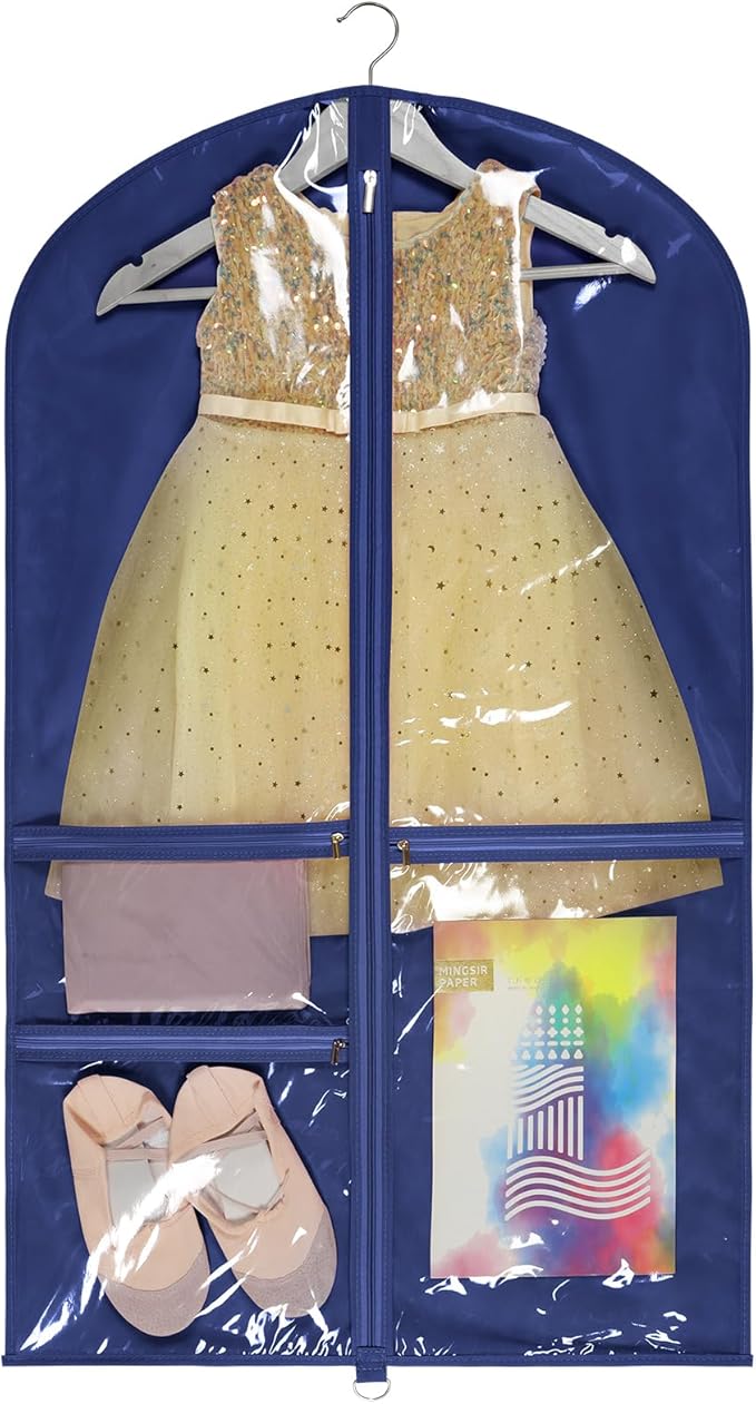 Univivi Kids Garment Bags for Dance Costumes 40 Inch Hanging Dance Costume Bag for Dance Competitions, with 3 Medium Clear Zipper Pockets for Dance Costumes, Closet Storage (Navy Blue), 1 Pack