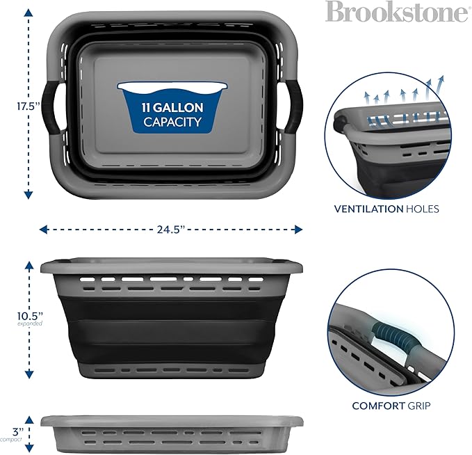 BROOKSTONE 11 GALLON XL 24" Collapsible Laundry Basket & Clothes Hamper, Comfort Non-Slip Handles, Modern Laundry Hamper with Space Saving Design, Portable Pop-Up Hamper, BPA FREE, Grey, 1 Pack