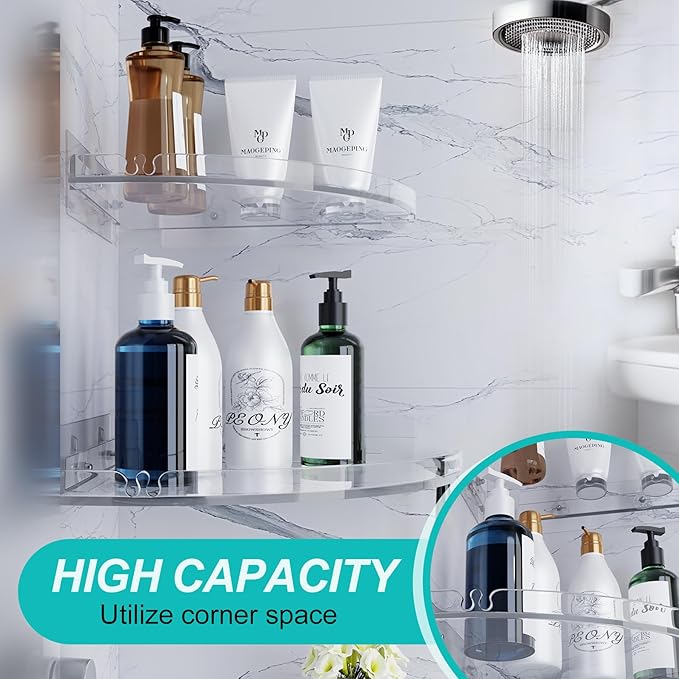 Acrylic Corner Shower Shelves,Adhesive Shower Caddy Organizer for Bathroom Storage Home Decor,Clear, RustProof, No Drilling Bathroom Wall Shelf,2-Pack