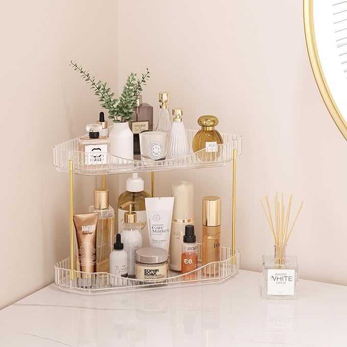Lifewit 2-Tier Corner Bathroom Counter Organizer, Plastic Makeup Skincare Organizers Storage Countertop, Large Sink Cosmetic Perfume Shelf for Bedroom, Dresser, Kitchen, Vanity, Clear, 25 cm/10inch(H)