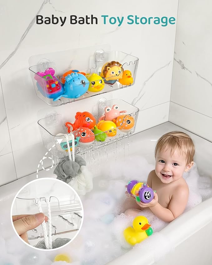Bath Toy Storage Organizer 2 Pack, Transparent Bath Toy Holder with Drain Holes, Durable Plastic Bathtub Toy Storage for Bathroom, Quick-Dry Drainable Shower Caddy, Easy to Clean and Install