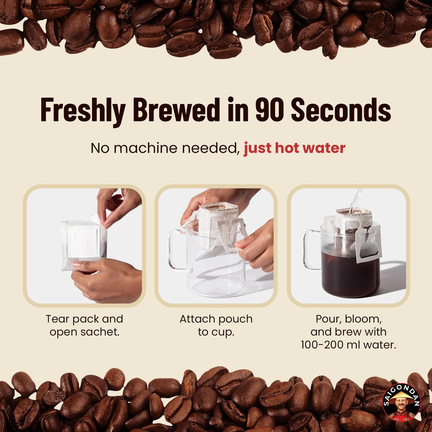 Joyful Pour Over Vietnamese Coffee – Saigondan Single Serve Coffee Sachets | Medium Roast 100% Arabica Bourbon | Instant Specialty Coffee for Travel & Camping | Notes of Orange Blossom (18 Sachets)