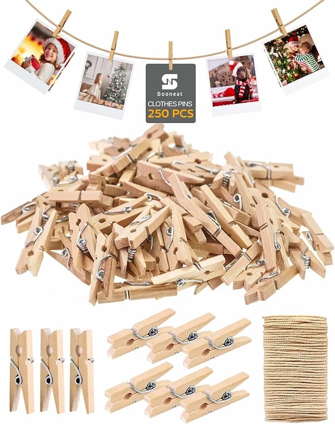 Mini Clothes Pins for Photo, Natural Small Wooden Clothespins 1 Inch Tiny Wood Decorative Clips Bulk, 33FT Jute Twine and Clothespins for Crafts Photos Pictures Baby Shower Game Classroom, 250 PCS