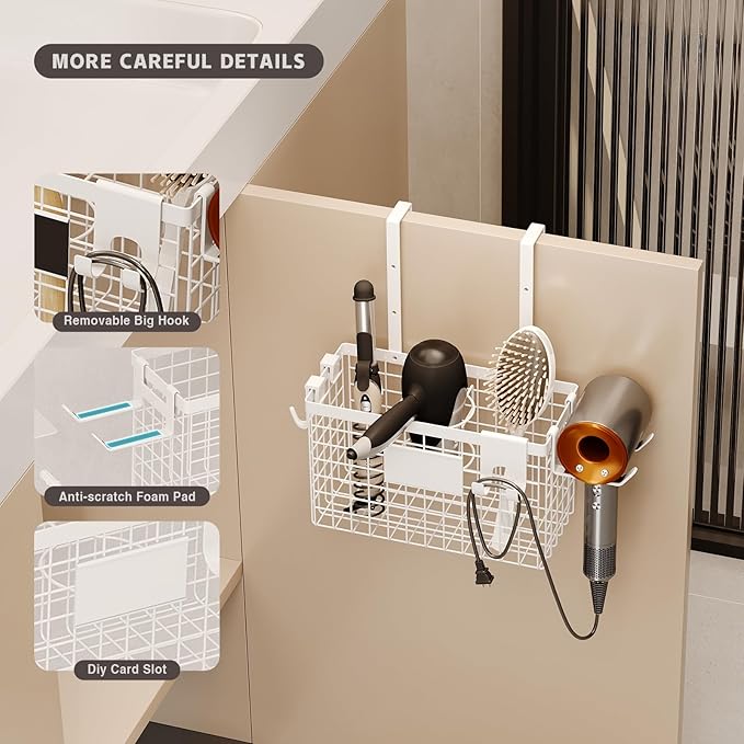 Hair Dryer Holder Cabinet Door 3-in-1 Adhesive Hair Tool Organizer Wall Mounted Adjustable Height Blow Dryer Holder Under Sink Bathroom Hair Appliance Organizer and Storage Countertop(White)