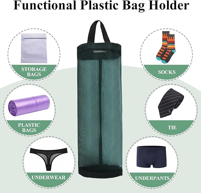 TOGETRUE Plastic Bag Holder, Mesh Grocery Bag Holder Hanging Storage Bag Dispenser (Dark Green 2 Packs)