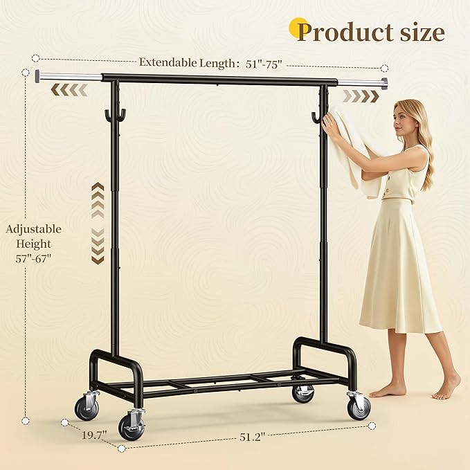 Raybee 75" W Heavy Duty Clothes Rack Load 450 LBS, Metal Garment Storage with Shelf, Lockable Wheels & Anti-Slip Stoppers, Rolling Clothing Rack for Bedroom Laundry Room, Black