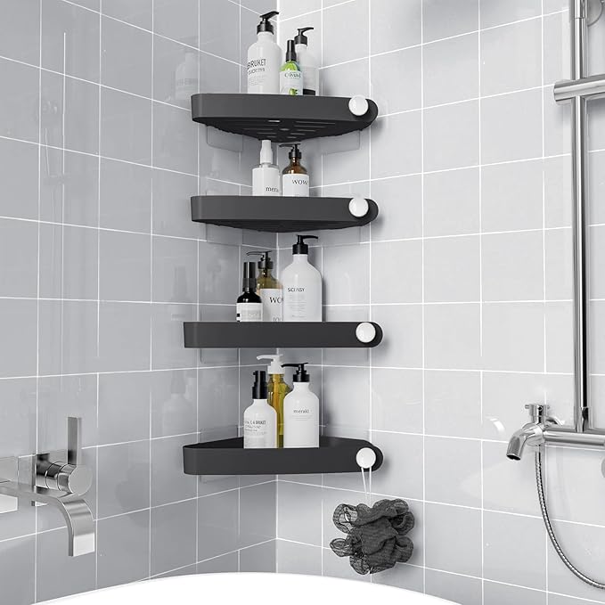 Sotfamily Plastic Shower Caddy Corner (For 90° Only), 4 Pack Adhesive Corner Shower Shelves for Bathroom Organizers and Storage, Black