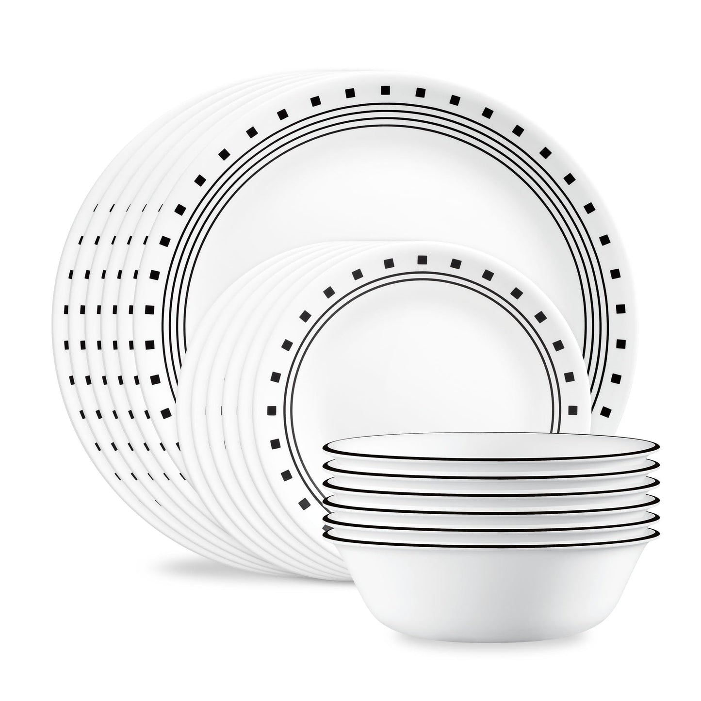 Corelle Vitrelle 18-Piece Service for 6 Dinnerware Set Triple Layer Glass and Chip Resistant, Lightweight Round Plates and Bowls Set, City Block