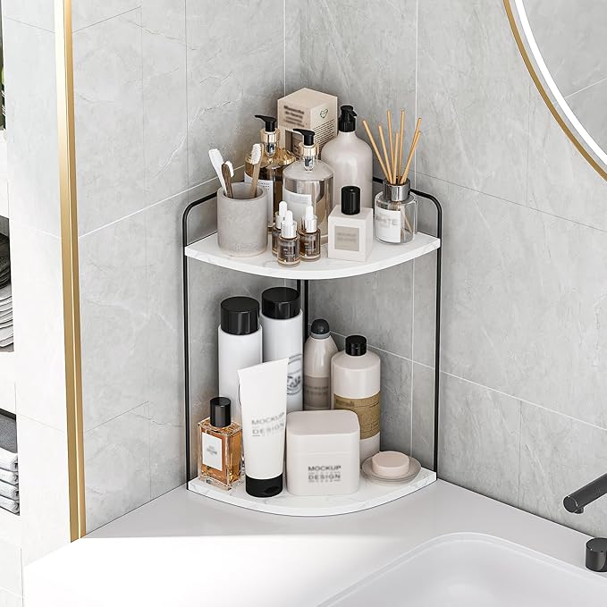 Bathroom Counter Organizer,Countertop Organizer,Vanity Organizers,Bathroom Storage,Bathroom Sink Caddy,Counter Shelf,Corner Counter,Corner Shelves(Black-White Marble)