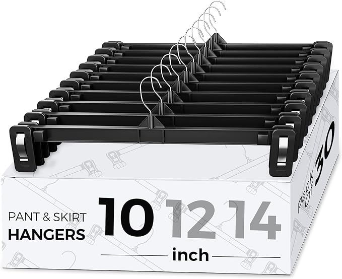 Smartor Pants Hangers - 30 Pack, Plastic Pant Hanger with Non-Slip Big Clips, Bottom Hangers for Men with Rotatable Chrome Hook, Shorts Hanger for Women Strong Clamp Pant Organizer (10 Inch, Black)