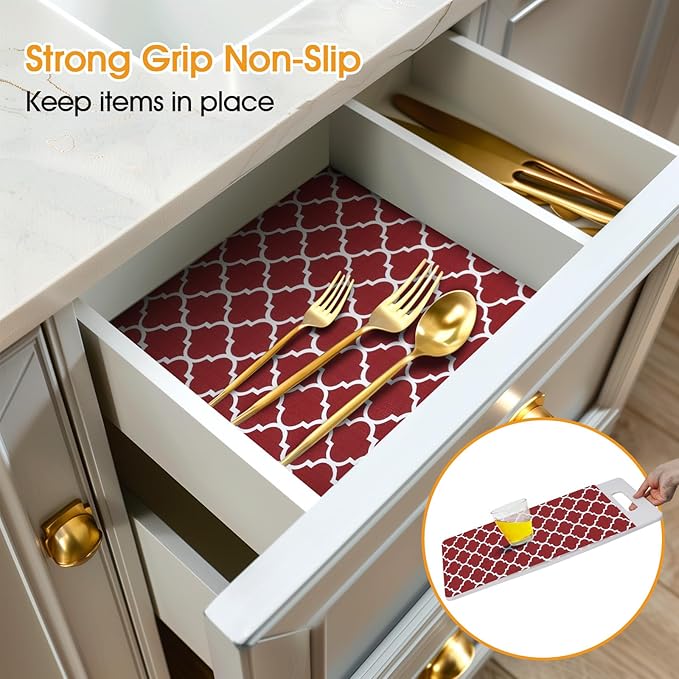Shelf and Drawer Liner for Kitchen Cabinets Non-Adhesive, Strong Grip Non-Slip Thickened Cabinet Liners for Shelves, Waterproof Mats for Dresser Cupboard, Red/White, 17 in x 30 Feet