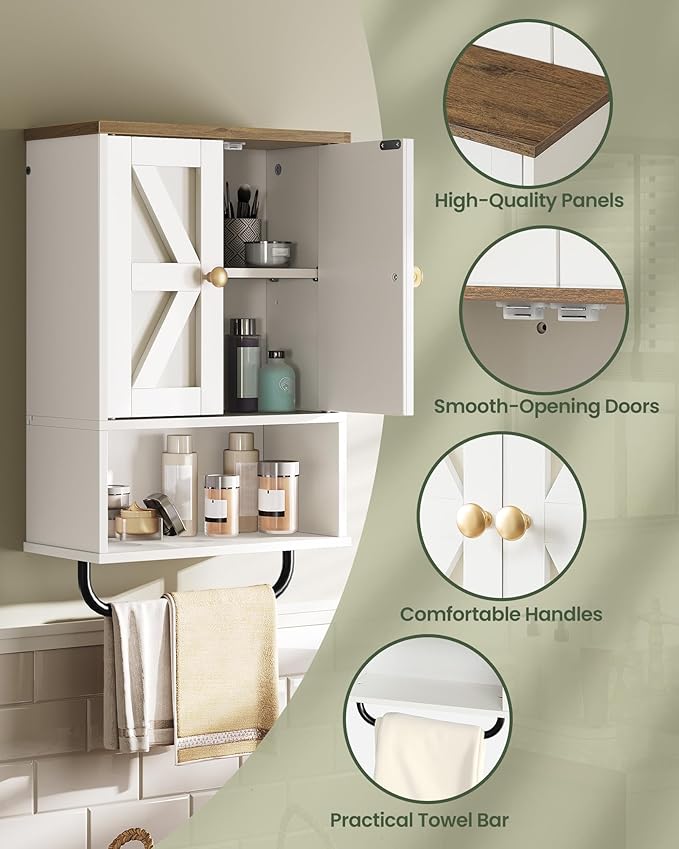 Bathroom Wall Cabinet, Medicine Cabinet with Open Partition and Towel Bar, Rustic Storage Cabinet with Open and Hidden Storage Space, for Bathroom, Living Room, Kitchen, White and Walnut