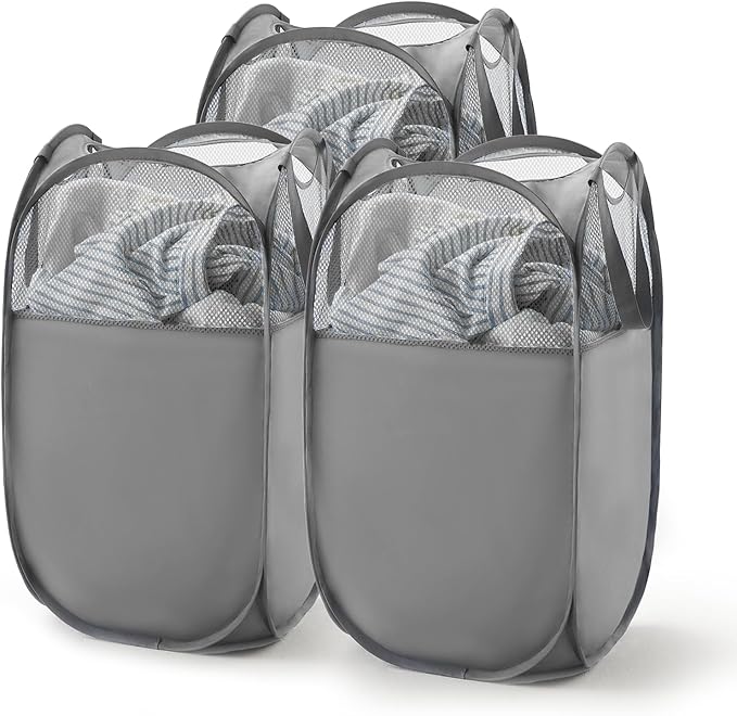 TECHMILLY Pop Up Foldable Laundry Basket, Mesh Laundry Hamper with Reinforced Handles for Dirty Clothes Storage in Dorm, Laundry Room, Bathroom, Grey(Fabric), 3 Pack