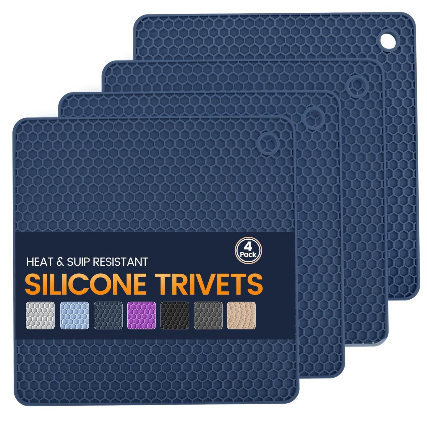 Silicone Trivet Mats 4 Heat Resistant Pot Holders Multipurpose Non-Slip Hot Pads for Kitchen Potholders, Drying mat, Jar Opener, Spoon Holder, Coaster.(Dark Black)