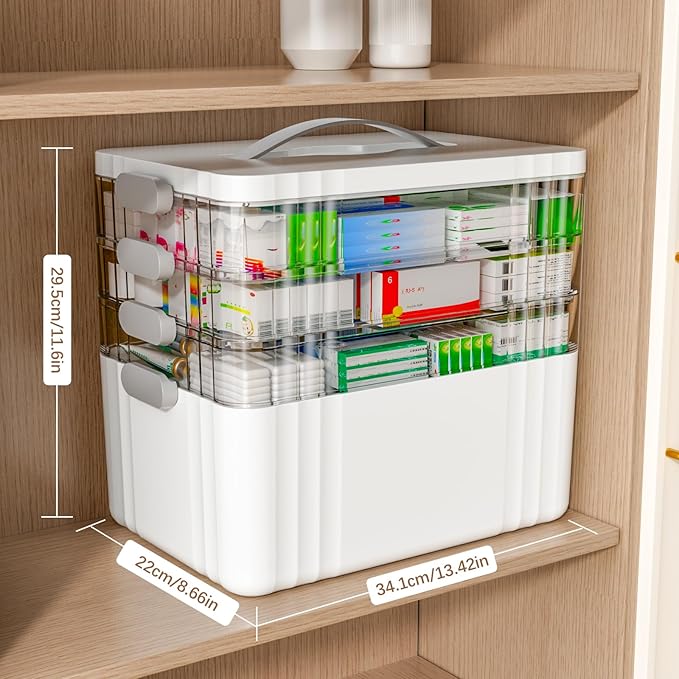 4-Tier Medicine Organizer - Portable Medicine Cabinet with Plastic Handle, Multipurpose Medical Box, Empty First Aid Kit for Home