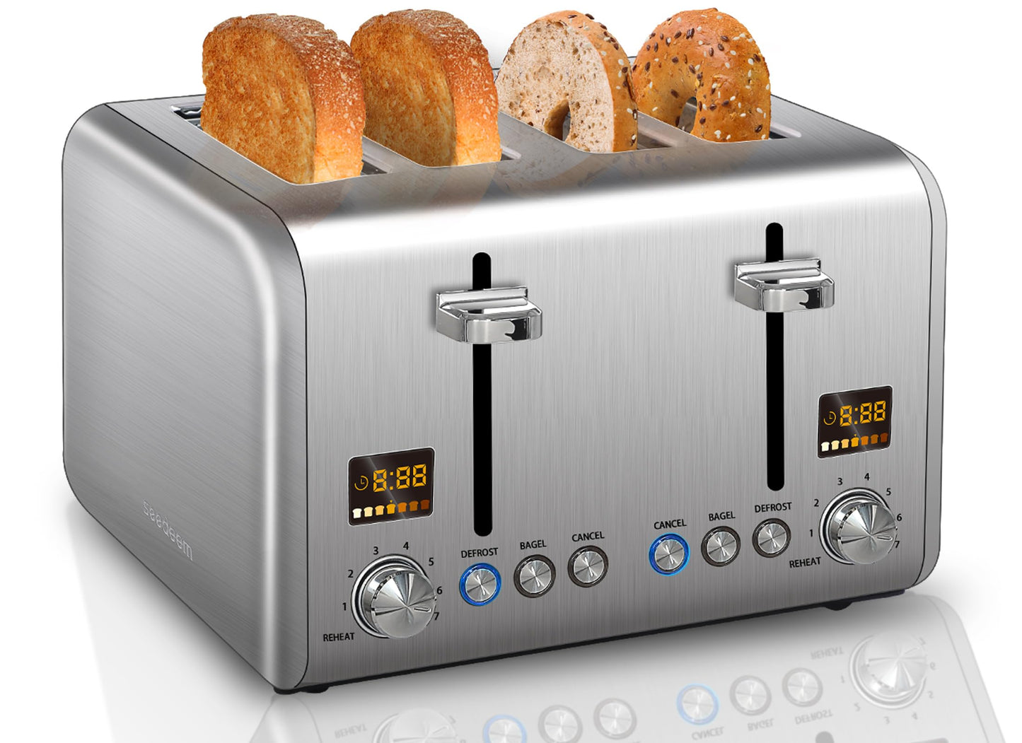 SEEDEEM 4 Slice Stainless Steel Toaster, LCD Display, Wide Slots