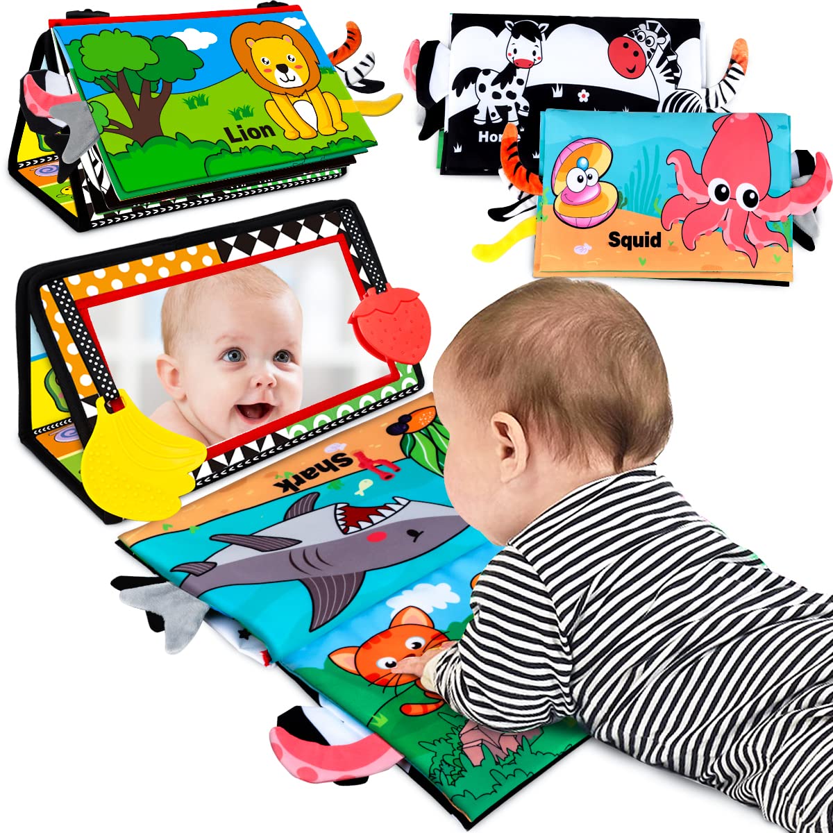 Aboosam Baby Toys 0-6 Months - Tummy Time Mirror Toys with Cloth Books Teethers - High Contrast Newborn Toy 0-3 Months - Montessori Sensory Infant Toy for Babies 2 4 5 Month Boys Girls