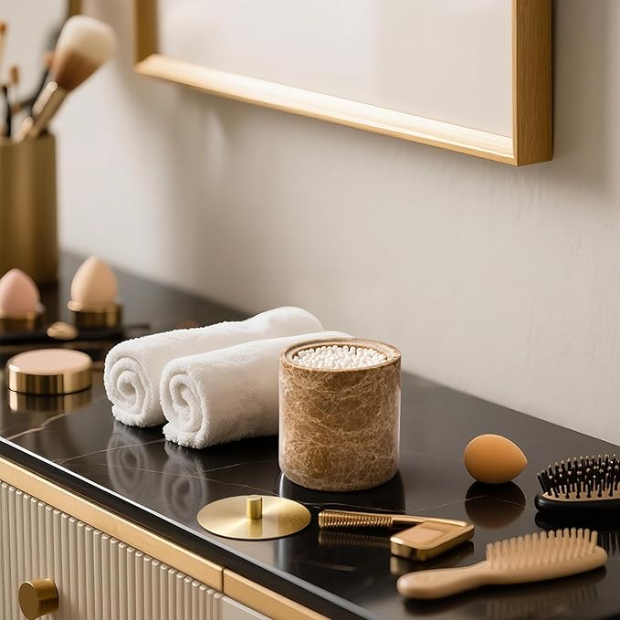 WORHE Marble Qtip Holder with Brass Lid for Cotton Swabs,Balls,Pads,Floss Picks Large Capacity Marble Apothecary Jar for Bathroom Essentials Decor, Vanity Makeup Storage Organizer Light Brown (WH080)