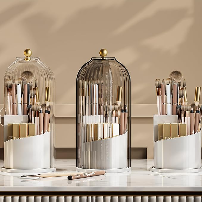 Makeup Brush Holder Organizer with Lid, 360 Rotating Make up Brush Holder with Cover, Dustproof Makup Brush Storage for Vanity Bathroom Countertop, Covered Toothbrush Holder, Clear Grey