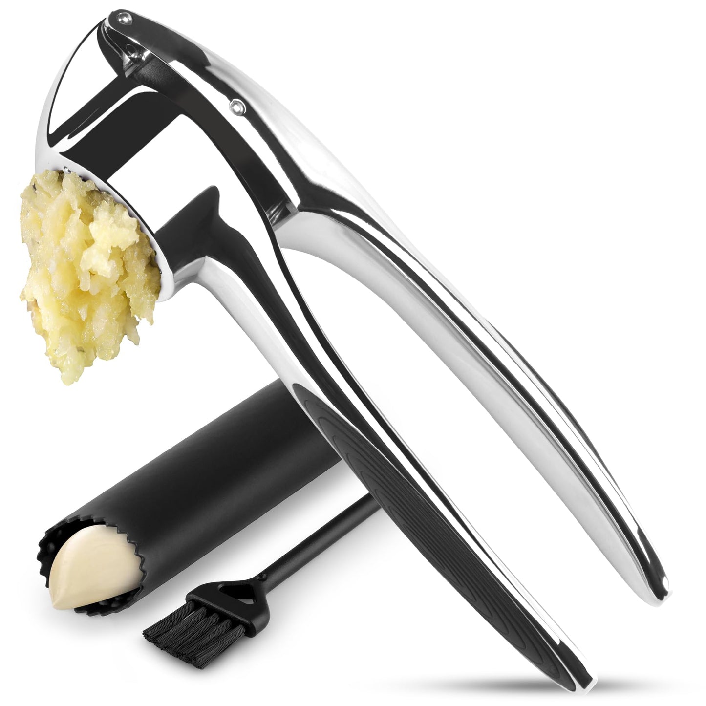 Zulay Kitchen Premium Garlic Press Set – Rust Proof & Dishwasher Safe Garlic Mincer Tool with Silicone Garlic Peeler & Brush, Easy Squeeze & Clean, Ergonomic Soft Grip Handle - Medium – Chrome