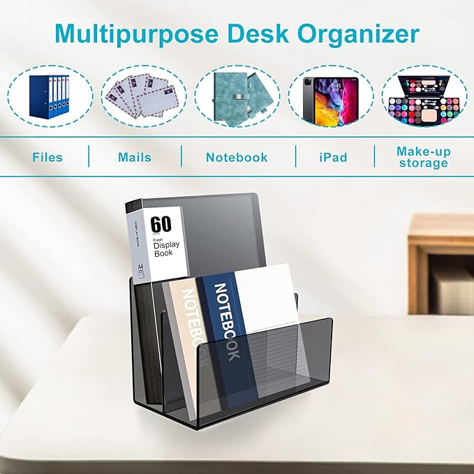 Boloyo Acrylic File Holder,1PC 2 Sections Clear Black File Organizer Mail Letter Sorter Desktop Folder Holder for Home Office School Envelope Bill Filling Paper Document